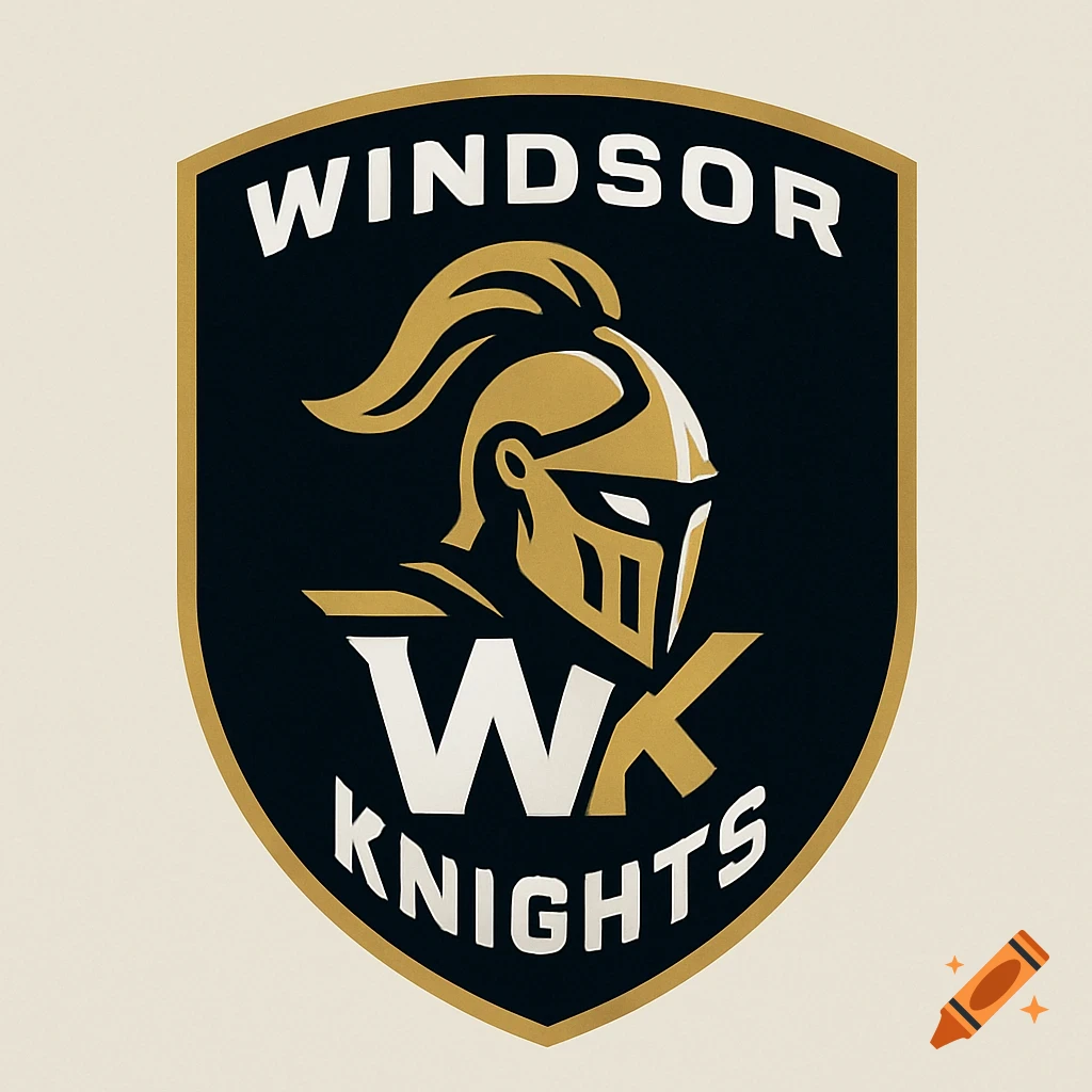 A black and gold shield-shaped logo for the Windsor Knights, featuring a stylized knight's helmet and the initials "WK".