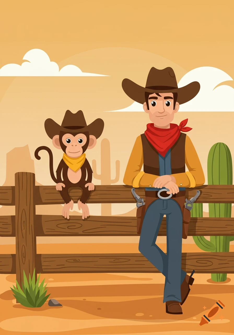 A cartoon cowboy with a red bandana leans on a wooden fence, next to a monkey also wearing a cowboy hat, in a desert landscape.