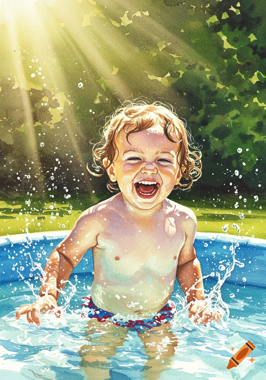 Laughing child splashes in a blue kiddie pool on a sunny day, watercolor style.