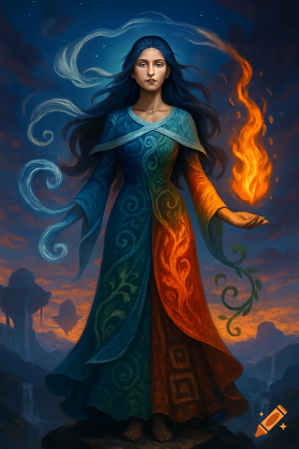 A fantasy goddess in a split blue and red elemental gown, conjuring water and fire, stands against a magical sunset landscape.