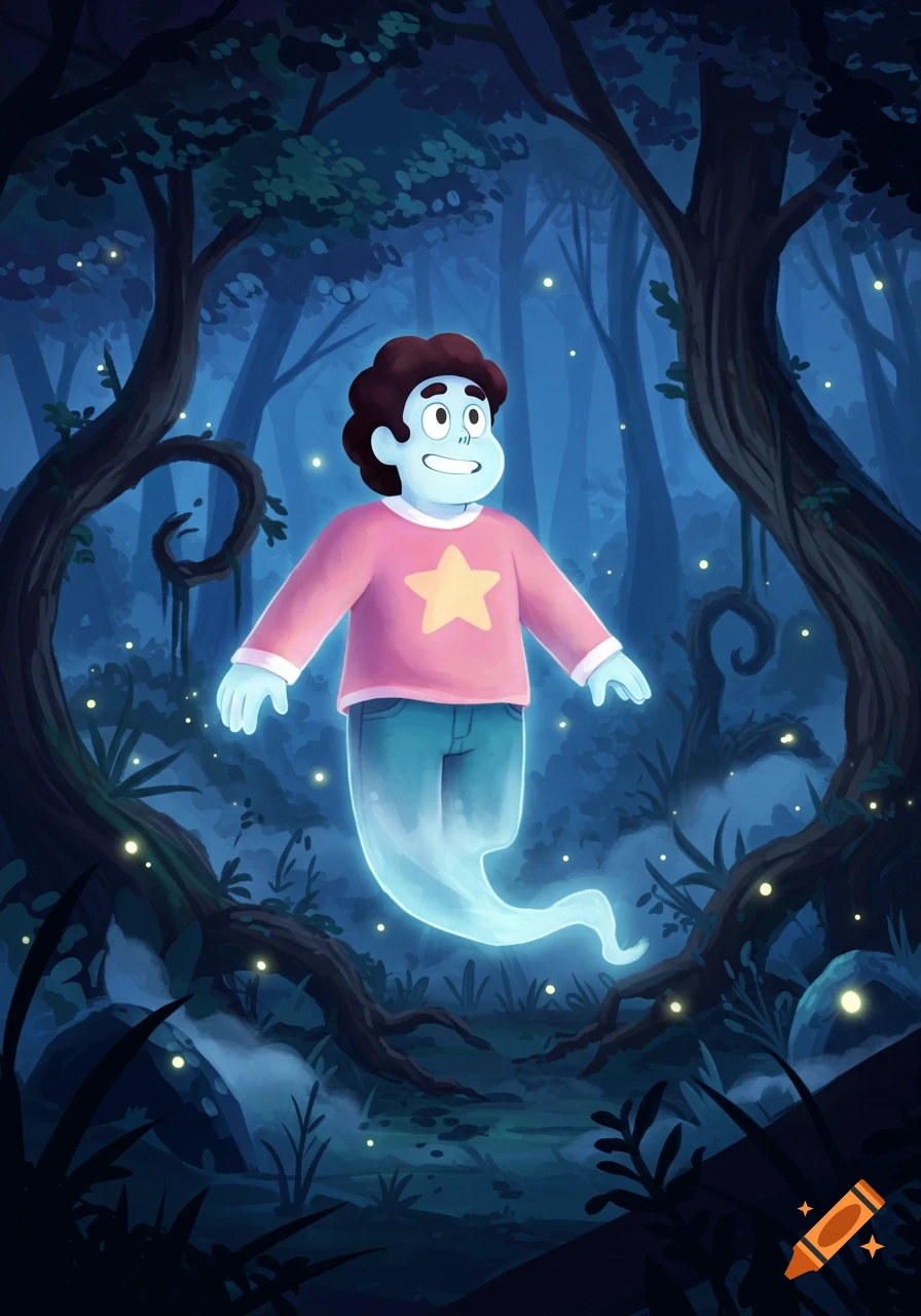 Cartoon Steven Universe as a glowing blue ghost floats in a dark, misty forest with fireflies.