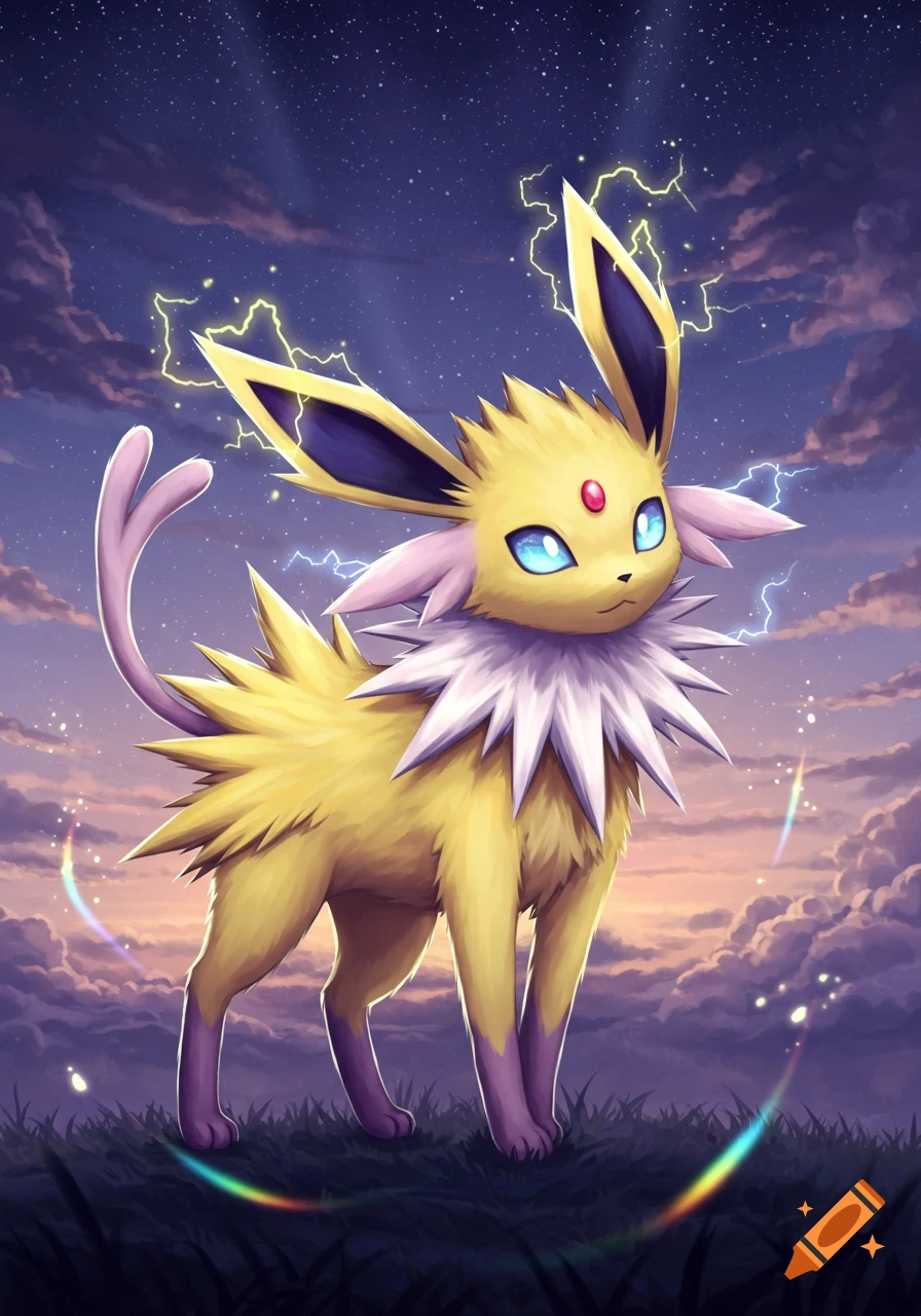 A yellow fox-like creature with large ears and a white ruff stands in a grassy field under a starry, cloudy night sky with lightning.