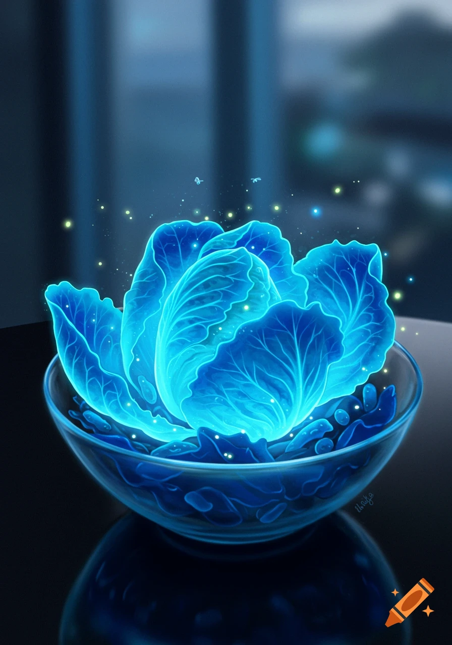 A vibrant blue glowing cabbage-like plant in a clear glass bowl, surrounded by glowing specks, digital art.