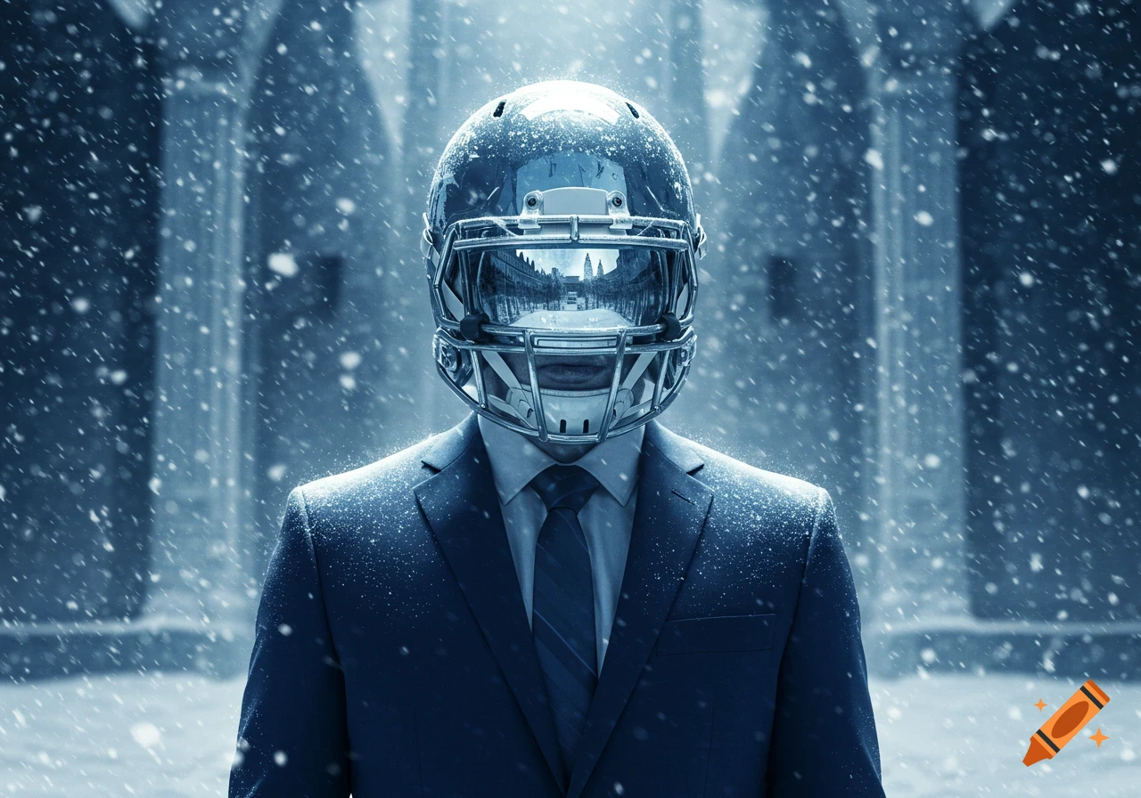 A person in a dark suit and tie wearing a reflective football helmet in heavy snowfall, with a city street reflected in the visor.
