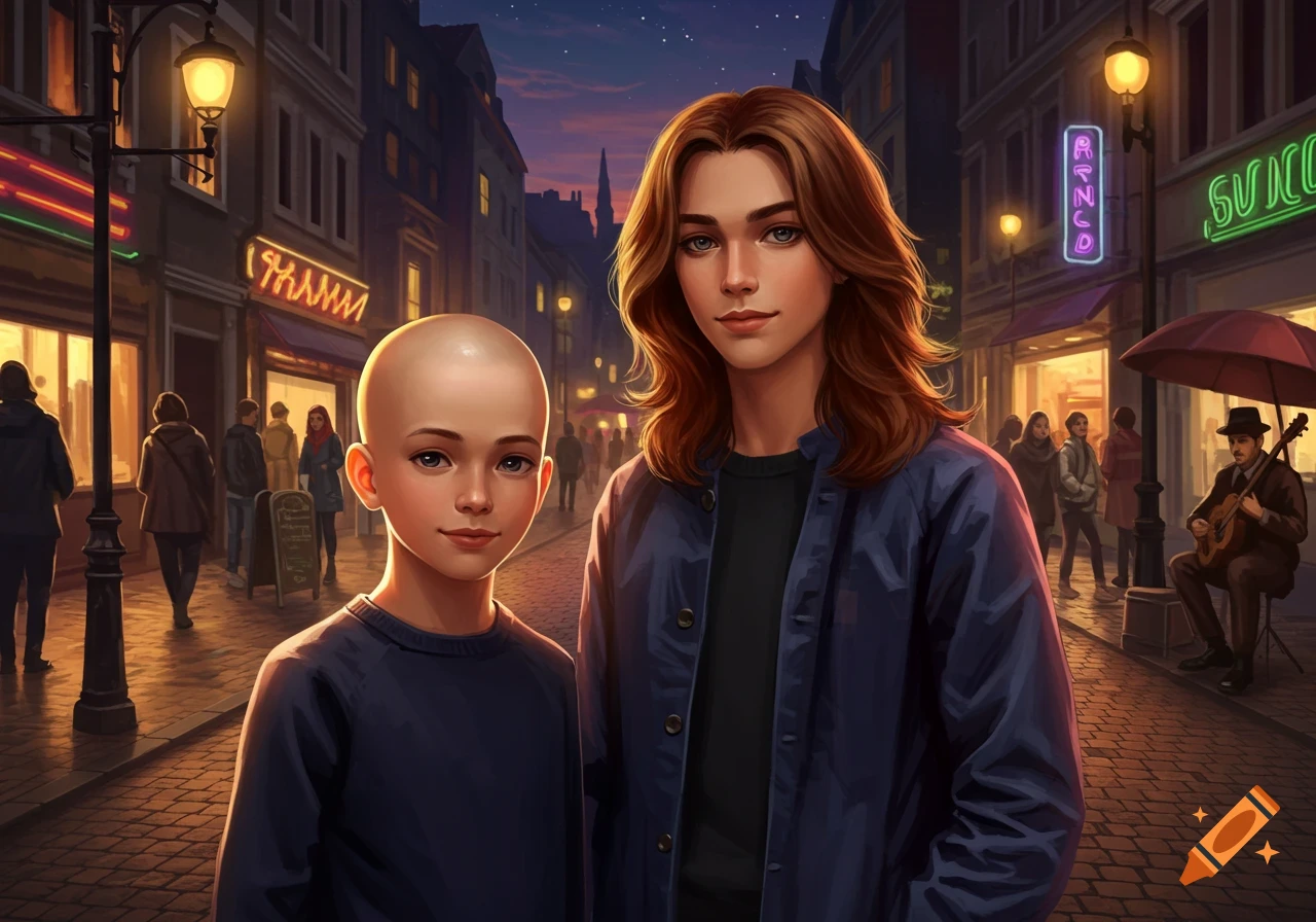 Two young boys, one bald and one with long brown hair, stand on a bustling city street at dusk, illuminated by glowing neon signs.