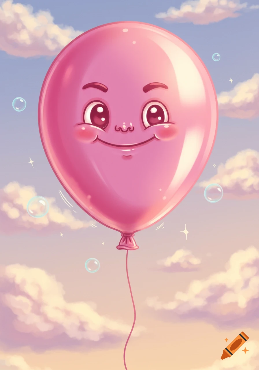 A smiling pink cartoon balloon with a happy face floats in a blue sky with fluffy clouds and small bubbles.