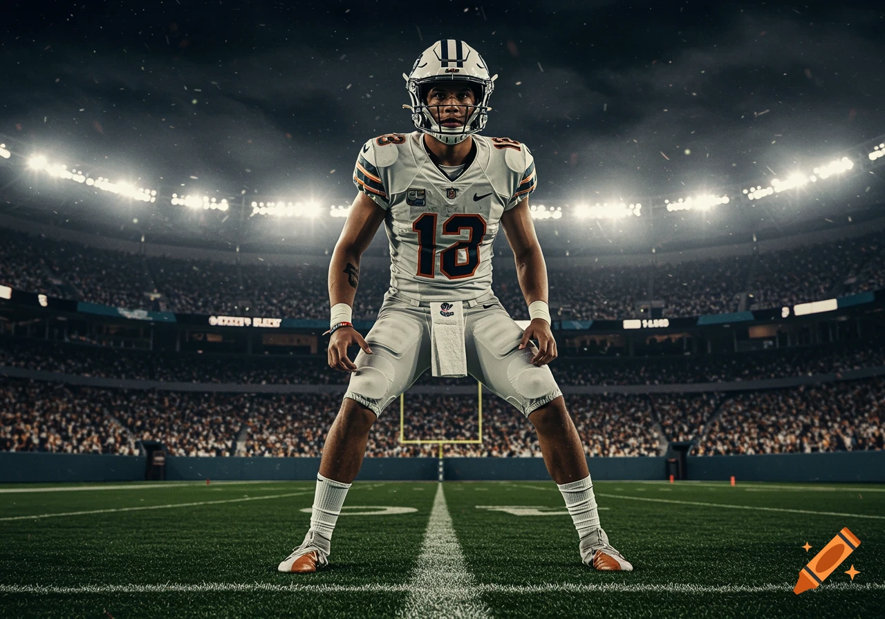 A football player in a white uniform with number 13 on the chest stands on a green field in a stadium under bright lights and a cloudy sky.