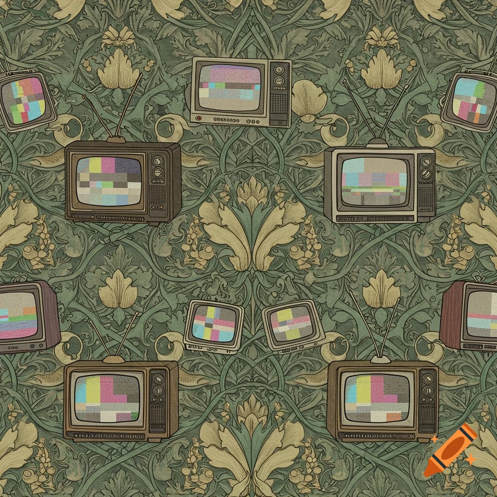 A seamless William Morris style pattern of green foliage and gold accents with vintage televisions showing static screens.