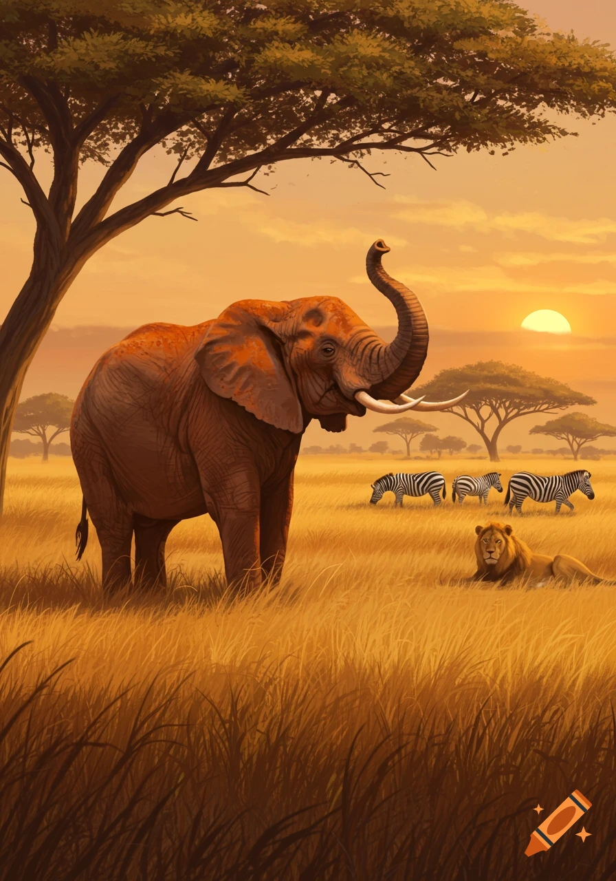 An illustrative scene of an elephant, zebras, and a lion in a golden savanna at sunset, under a large tree.