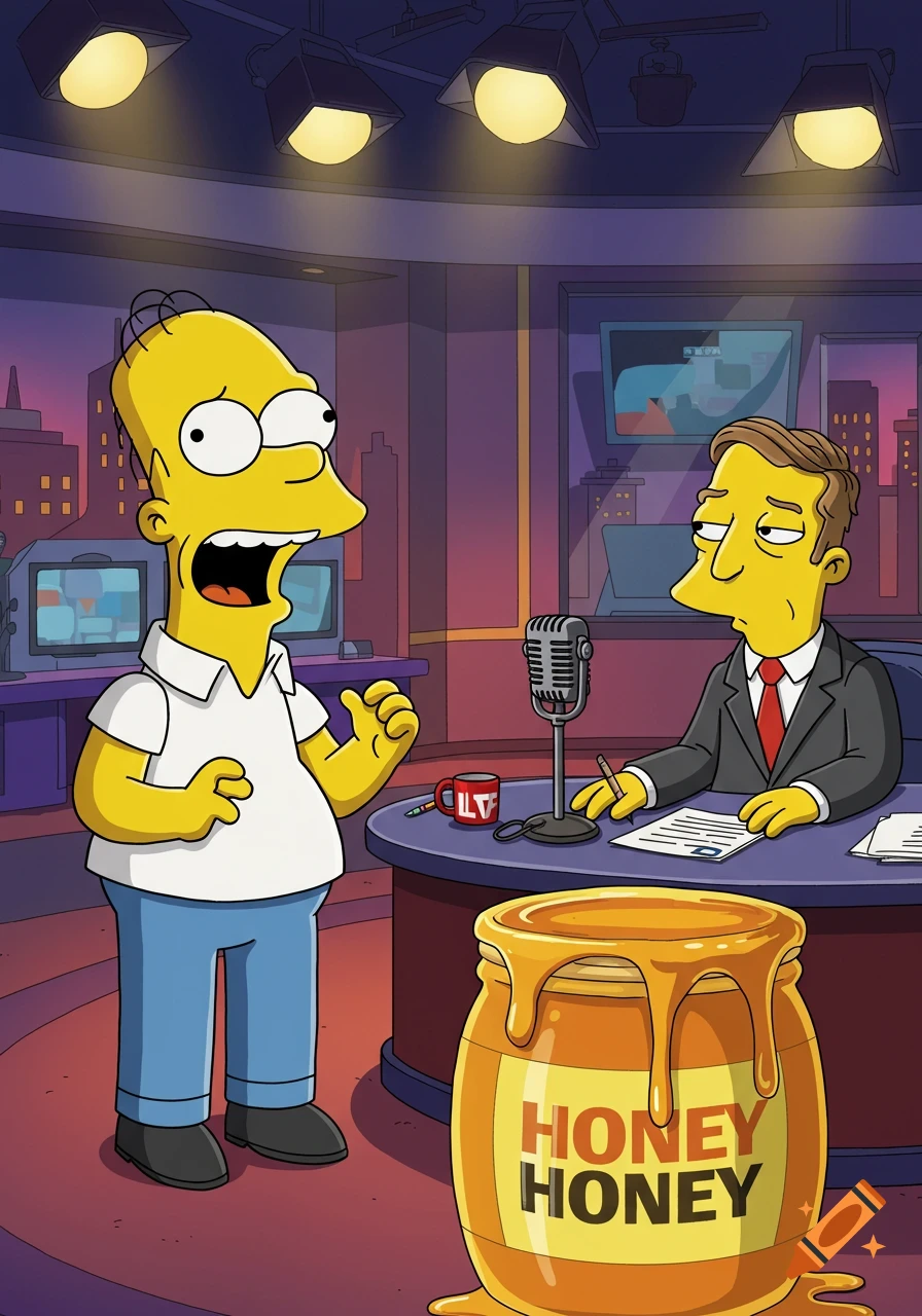 A cartoon image in the style of The Simpsons shows a surprised yellow man speaking into a microphone in a news studio, while a bored man listens. A large honey pot sits on the desk.