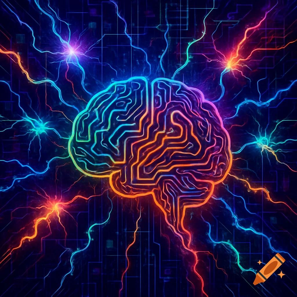 A glowing, circuit-board-like brain pulsates with colorful electrical energy against a dark, circuit-patterned background.
