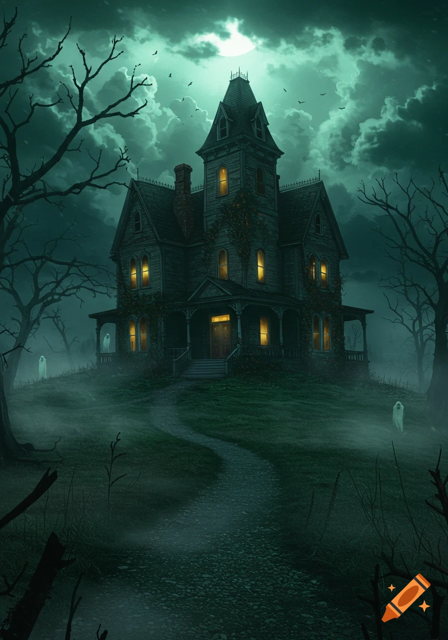 A detailed, dark illustration of a spooky old Victorian haunted house on a hill, with glowing windows, gnarled trees, fog, and faint ghosts under a full moon in a cloudy, green sky.