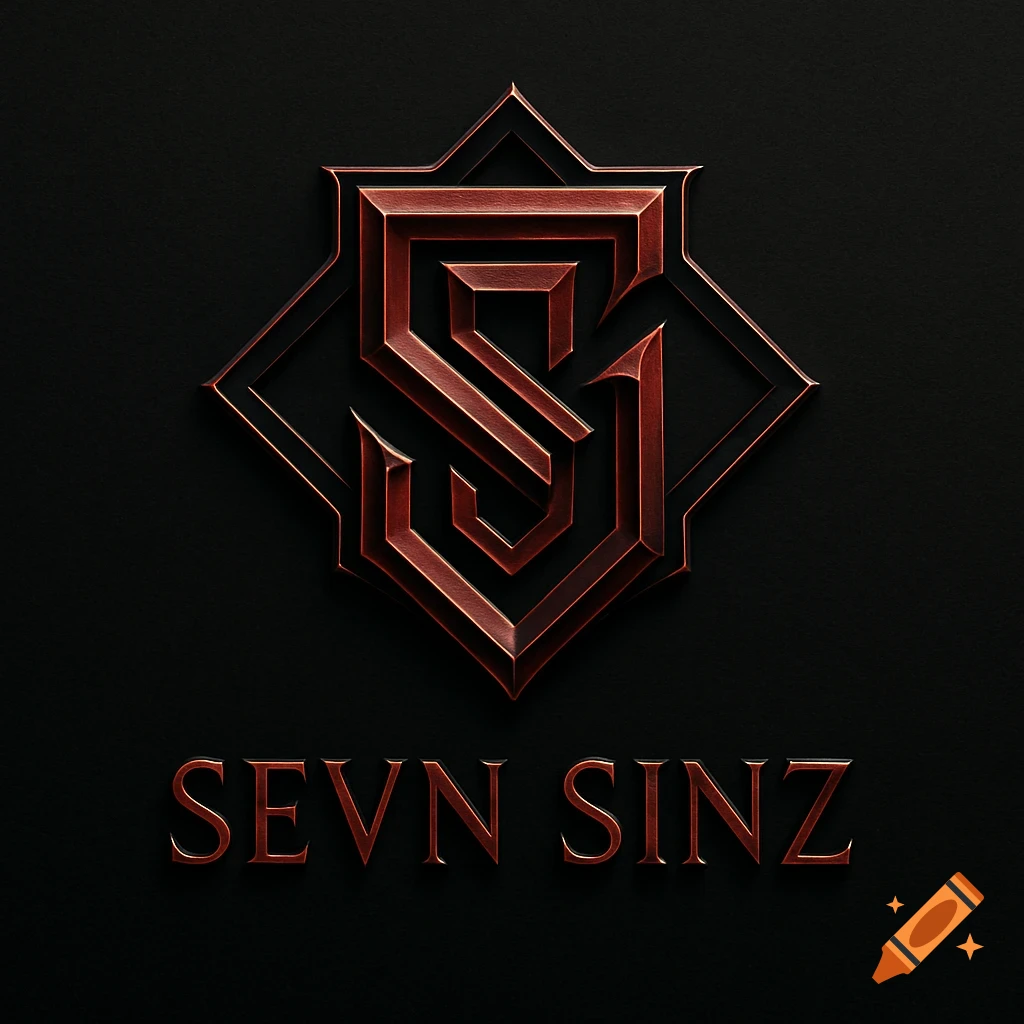 A dark, embossed metallic logo featuring the stylized text "SEVN SINZ" and a geometric monogram on a black background.