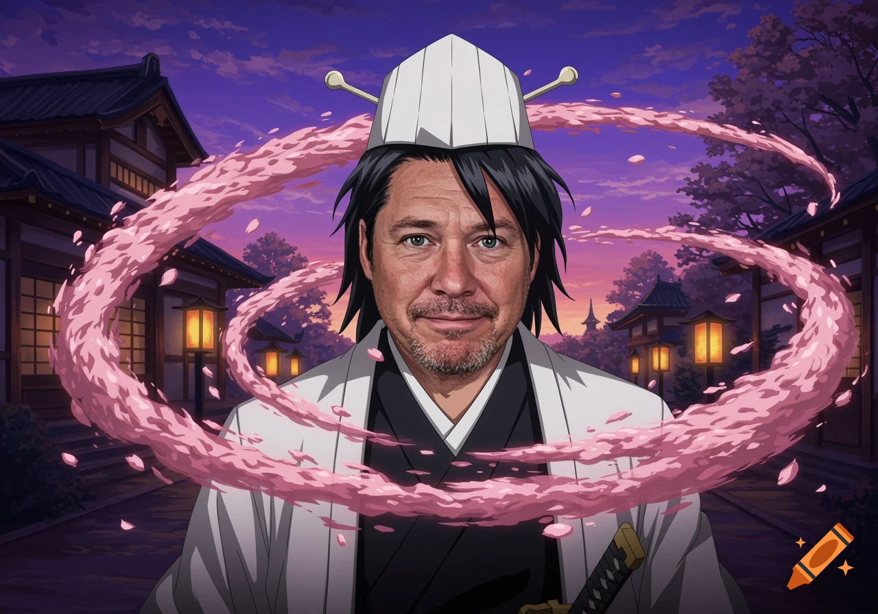 Anime portrait of a man with Bob Katter's face in a white uniform, surrounded by pink petals in a Japanese setting.