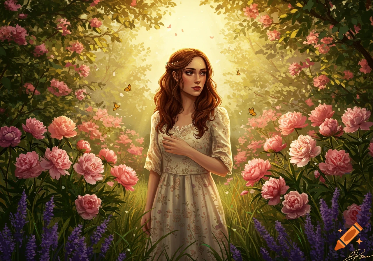 A red-haired woman in a light dress stands in a sunlit garden filled with pink peonies and purple lavender, with butterflies.