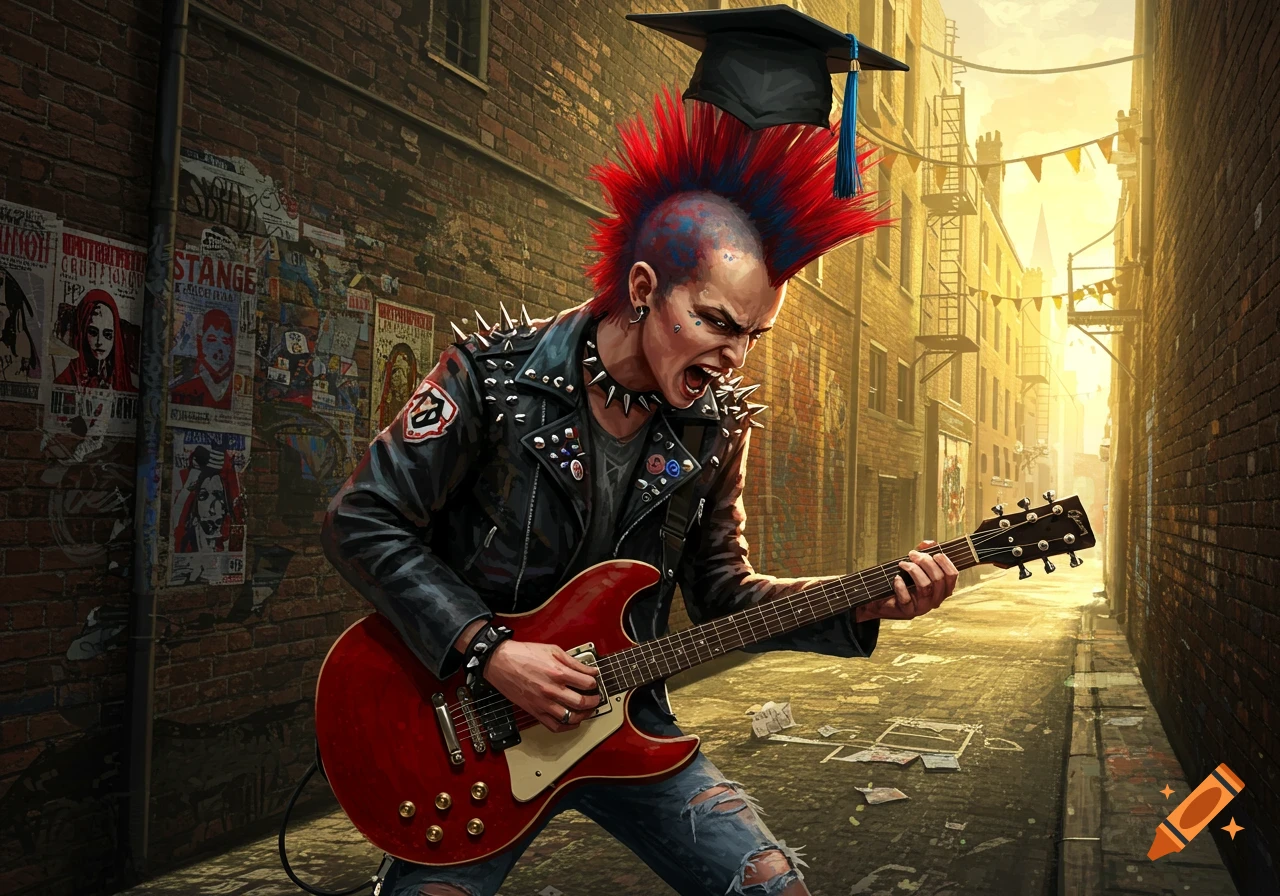 A punk rocker with a red mohawk and graduation cap plays a red electric guitar in a sunlit brick alleyway.