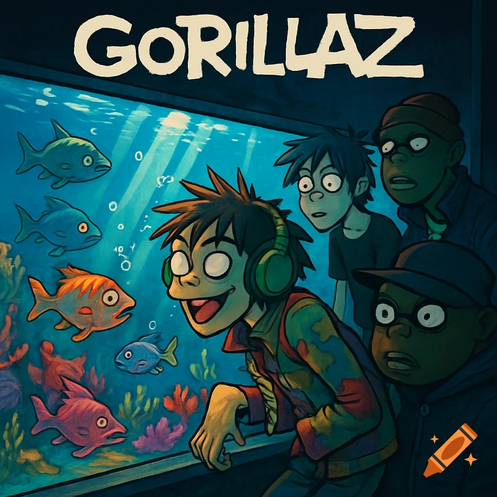 Cartoon characters in Gorillaz art style enthusiastically watch colorful fish swim in an aquarium, with 'GORILLAZ' text at the top.