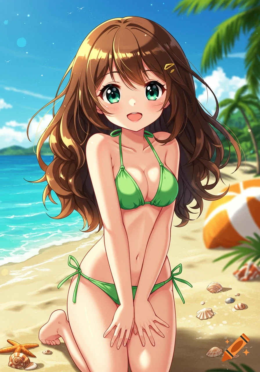 Cute brown-haired anime girl in a green bikini kneeling on a sunny beach with turquoise ocean and palm trees.
