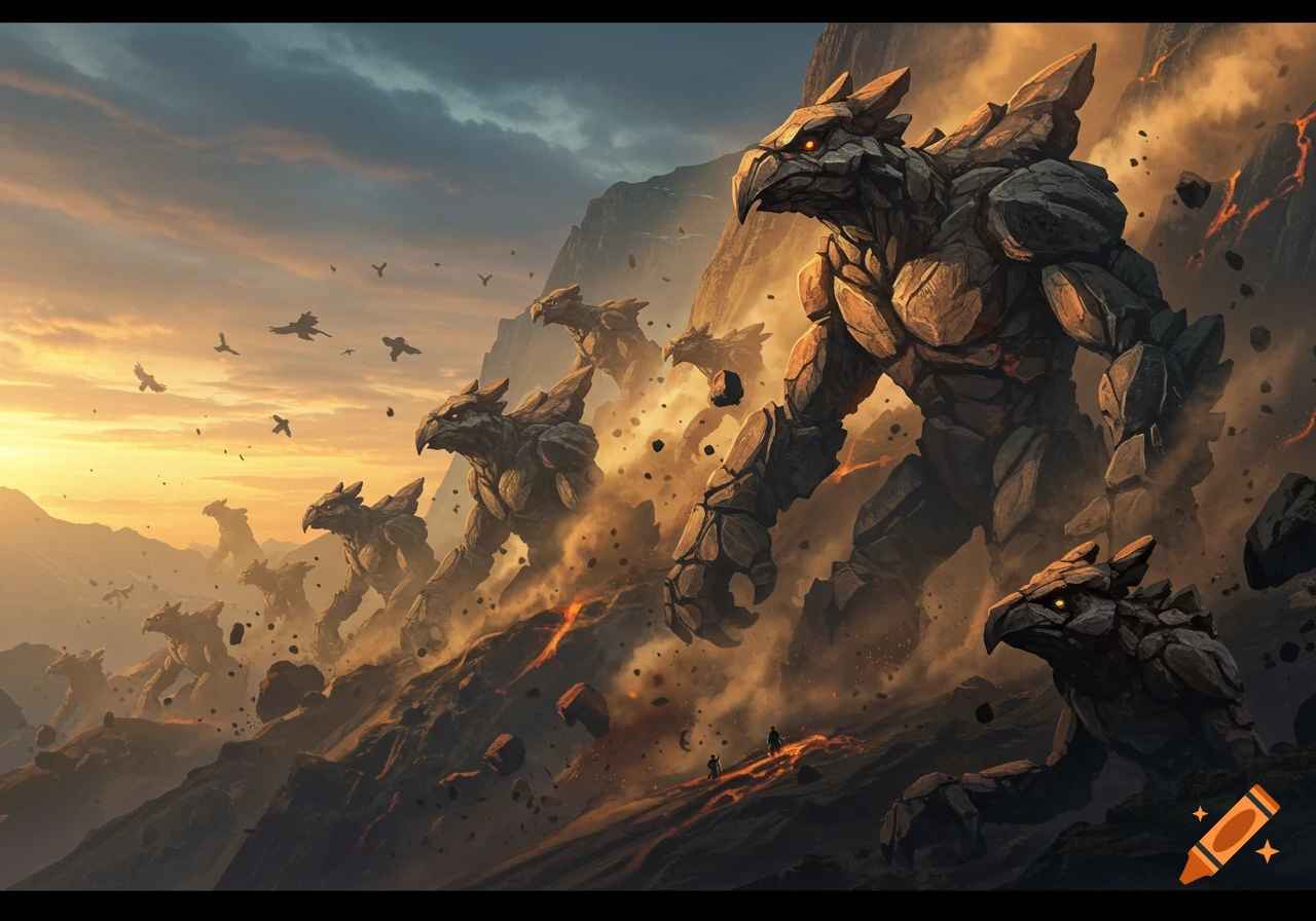 An army of colossal, bird-like rock monsters with glowing eyes slides down a mountain at sunset, stirring up dust and debris.