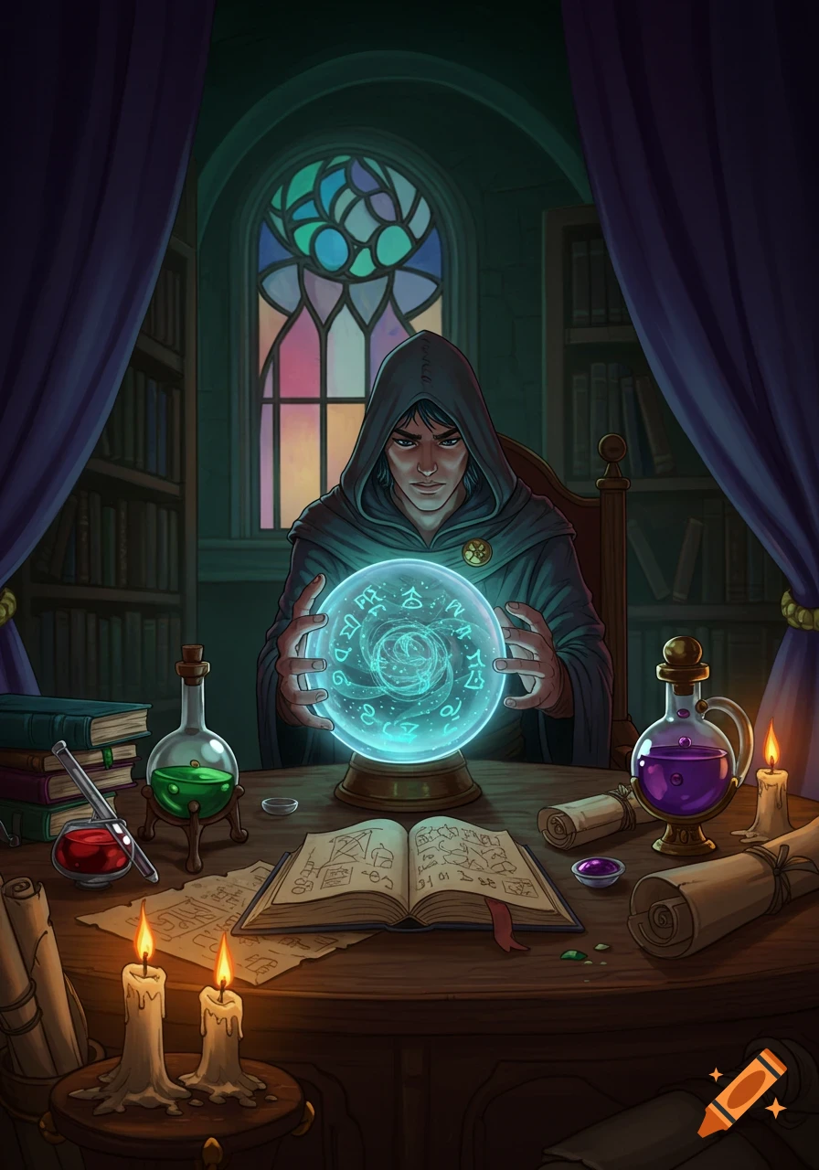 A hooded wizard gazes into a glowing crystal ball on a cluttered desk with potions, books, and candles, in a dimly lit room.
