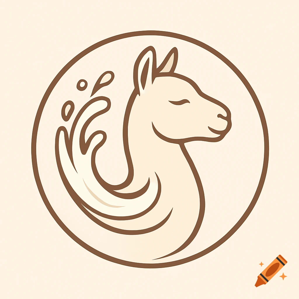 A minimalist logo with a cream-colored llama head in profile, with a stylized milk splash behind it, all enclosed in a brown circular outline.