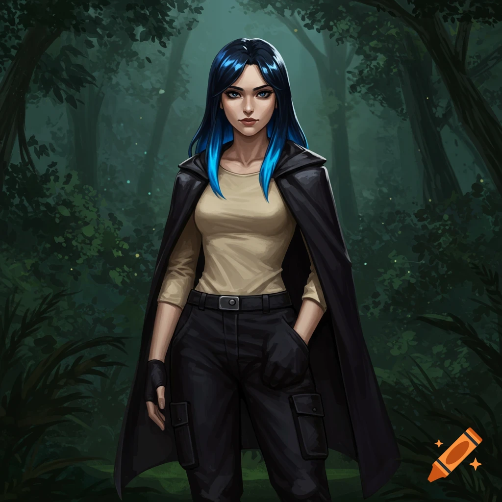 Illustrated woman with blue-streaked dark hair, beige shirt, black cargo pants, and black cloak standing in a dark forest.