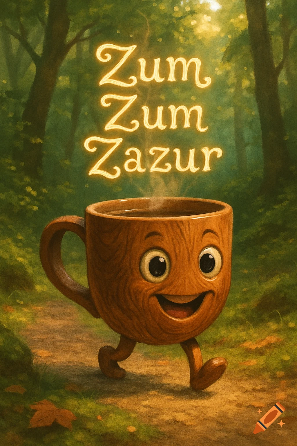 A whimsical illustration of a happy, walking wooden coffee cup on a forest path with glowing text 'Zum Zum Zazur' above it.