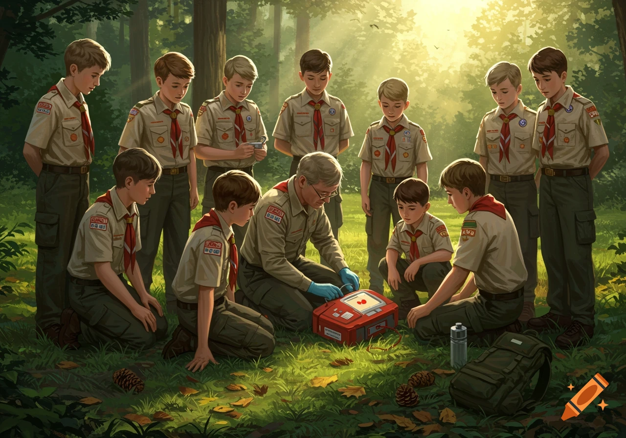 Adult Boy Scout leader shows young scouts how to use an AED in a sunlit forest, illustration style.