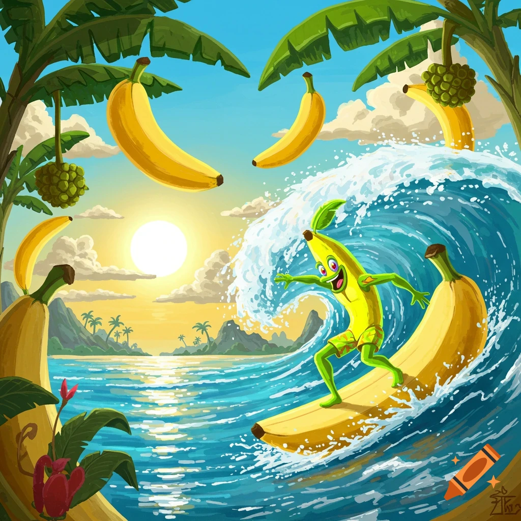 Vibrant cartoon of a joyful banana in shorts surfing a large wave on a tropical beach with palm trees and flying bananas.