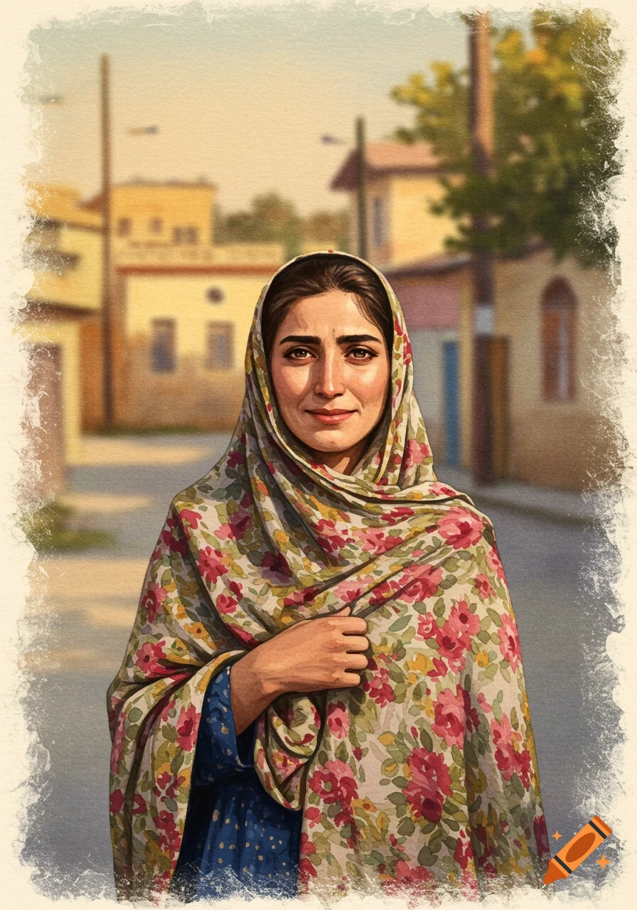 Nostalgic watercolor painting of a traditional Middle Eastern woman in a floral chador, standing on a quiet street.