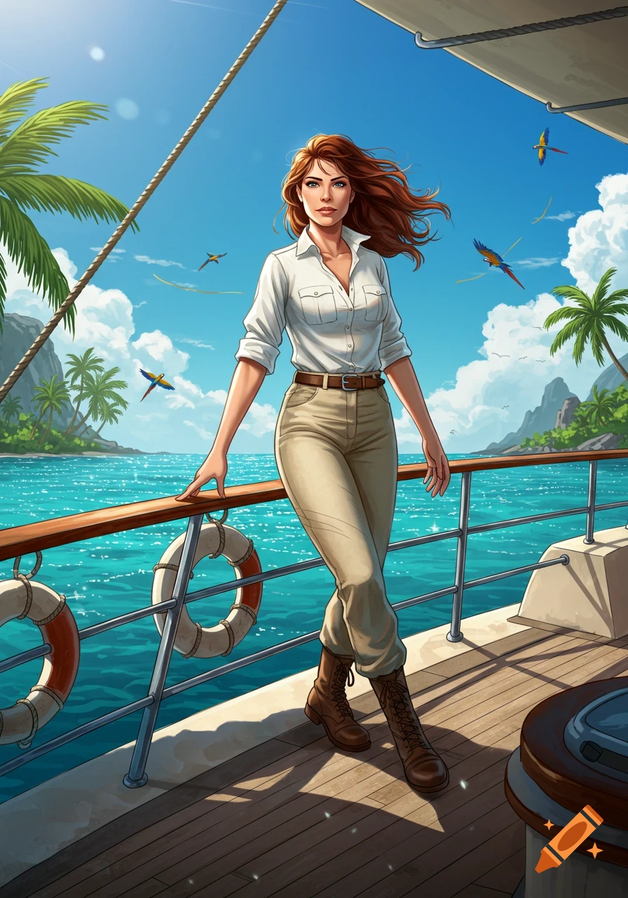 A woman in explorer attire on a boat deck, tropical islands and parrots in the background, blue sky. Digital illustration.
