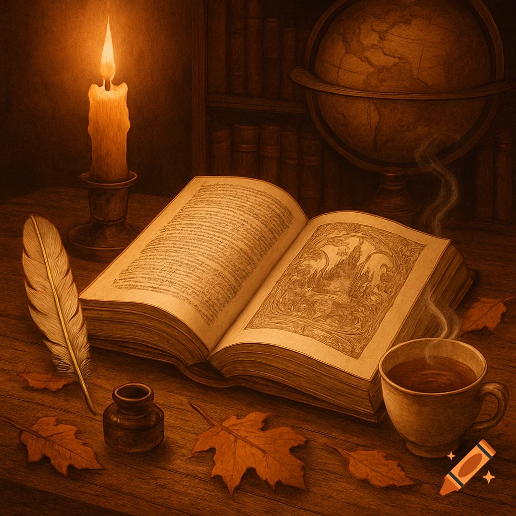 A cozy still life: open book, quill, candle, steaming coffee, and autumn leaves on a wooden table, in a warm, vintage style.