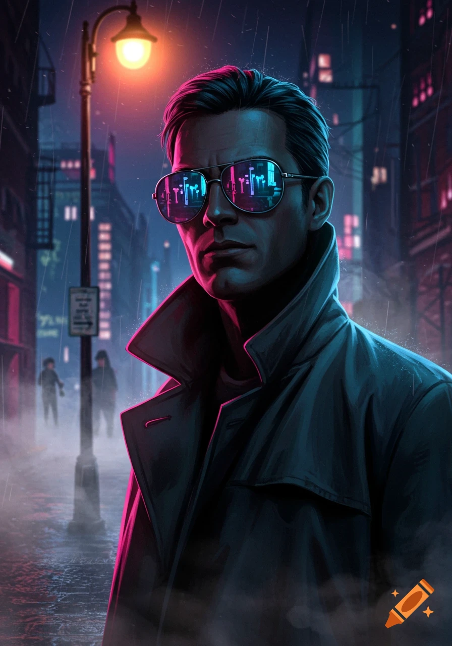 A mysterious man in a black trench coat and reflective sunglasses stands on a rainy, neon-lit cyberpunk city street.