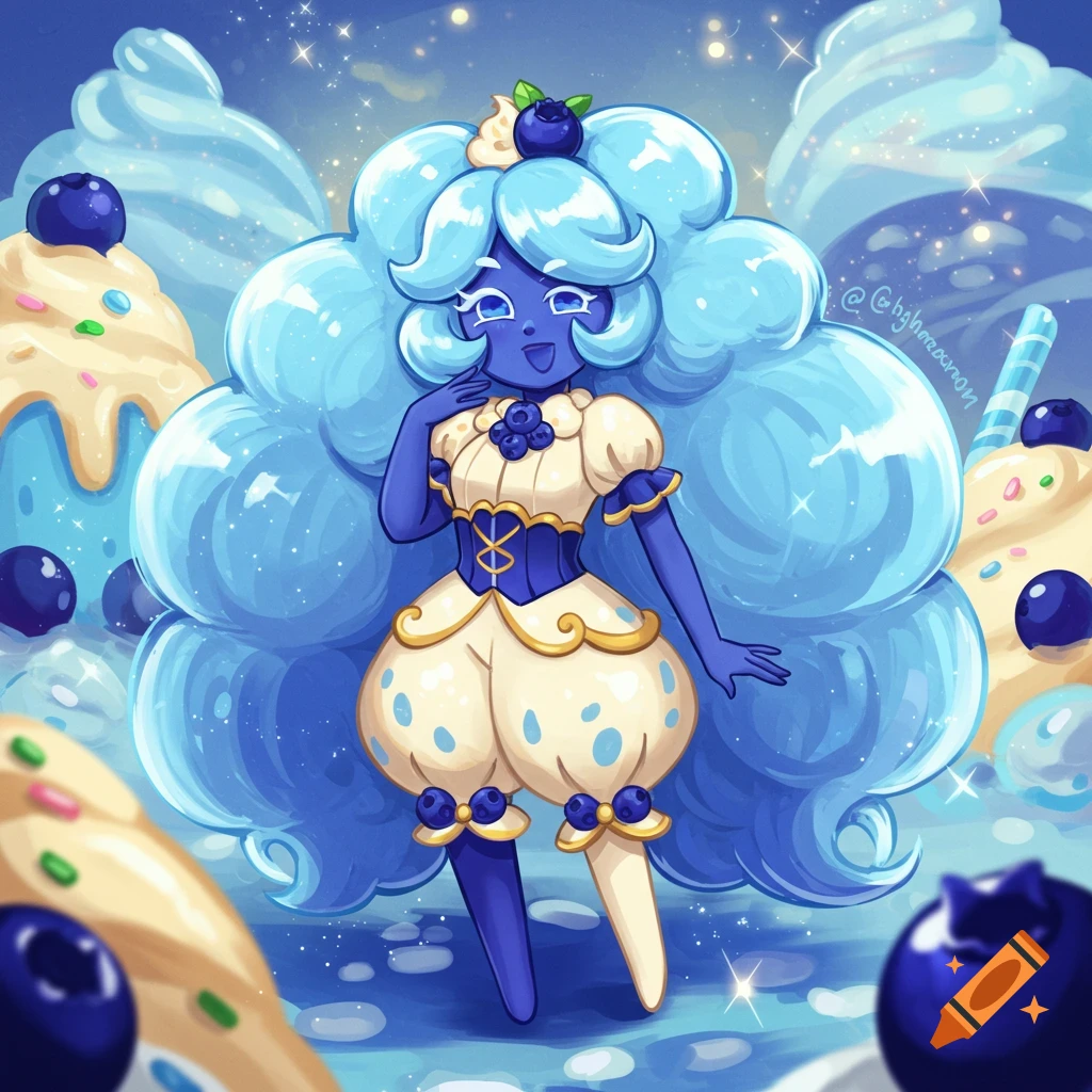 A cheerful cartoon character with blue skin and voluminous light blue hair, dressed in a cream and blue outfit, surrounded by blueberry dessert-like clouds.