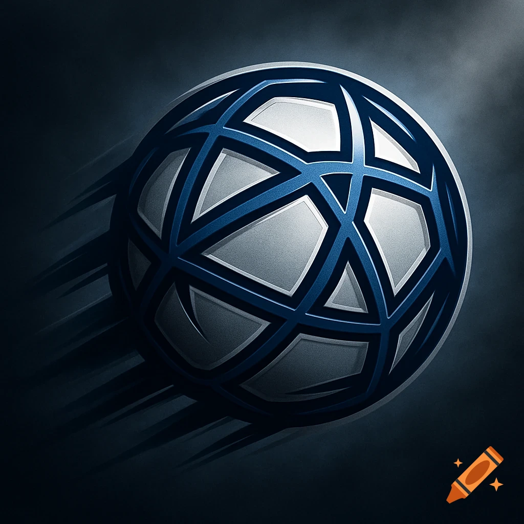 A stylized dark blue and silver football with motion blur on a dark background, designed like a logo.