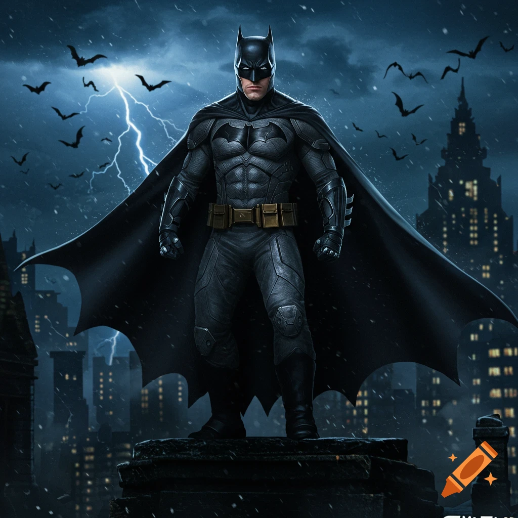 Batman stands heroically on a dark city rooftop during a stormy night with lightning and flying bats. Digital art.