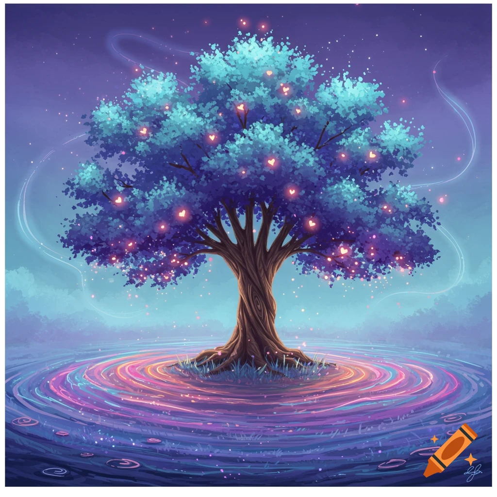 A magical, glowing tree with blue and purple leaves and pink heart lights stands in swirling, colorful water under a starry sky.