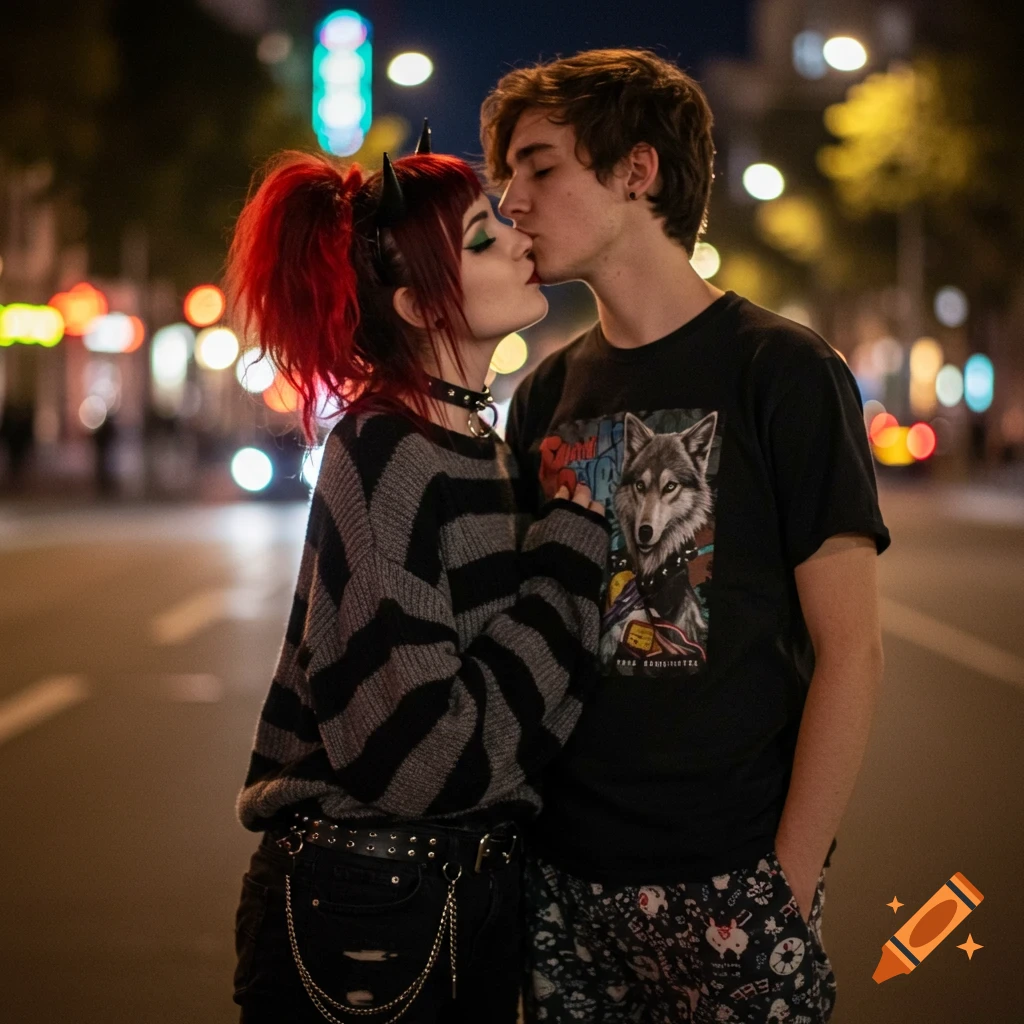 An emo girl with red pigtails and devil horns kisses a guy with brown hair on a city street at night. She wears a striped sweater, ripped jeans, and a spiked belt. He wears a wolf t-shirt and patterned pajama pants.