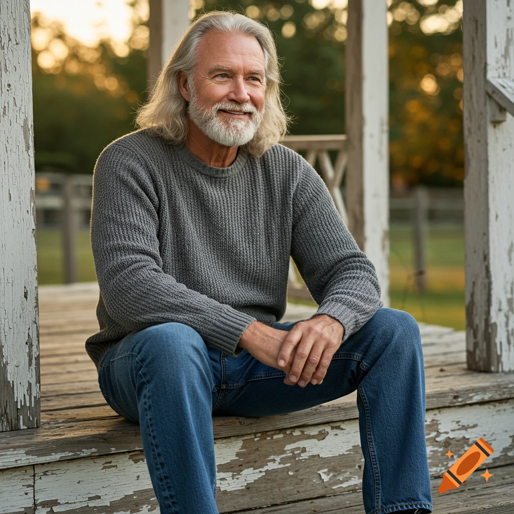 A handsome, long-haired, bearded man sits on a weathered wooden porch step, smiling gently in the warm golden hour light.