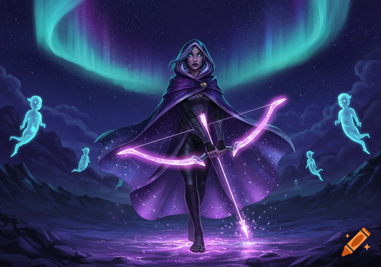 A hooded female archer with a glowing purple bow stands barefoot in a mystical landscape under a green aurora, surrounded by ethereal blue spirits.