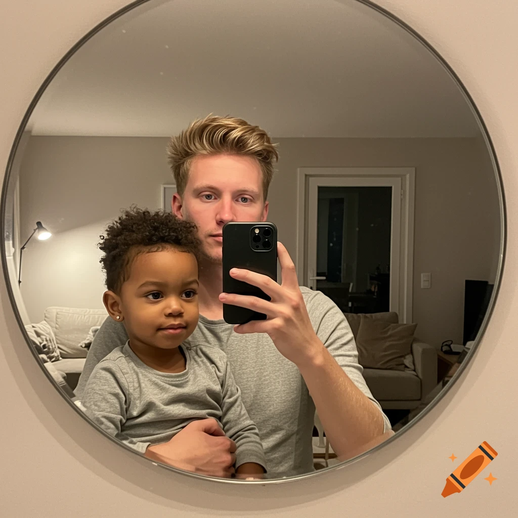 A man holding a child takes a mirror selfie in a living room.