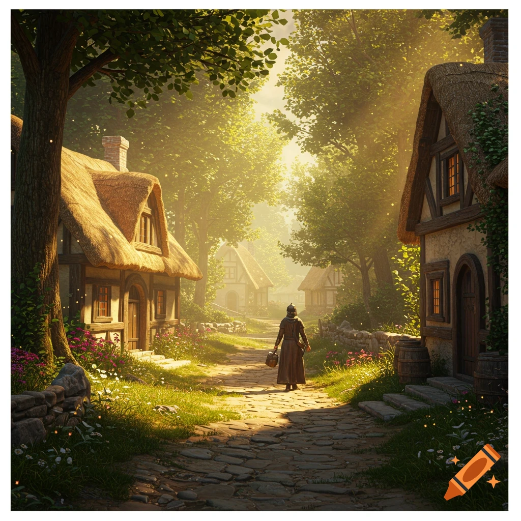 A person walks through a sunlit medieval village with thatched-roof houses and a forest, in a cinematic fantasy style.