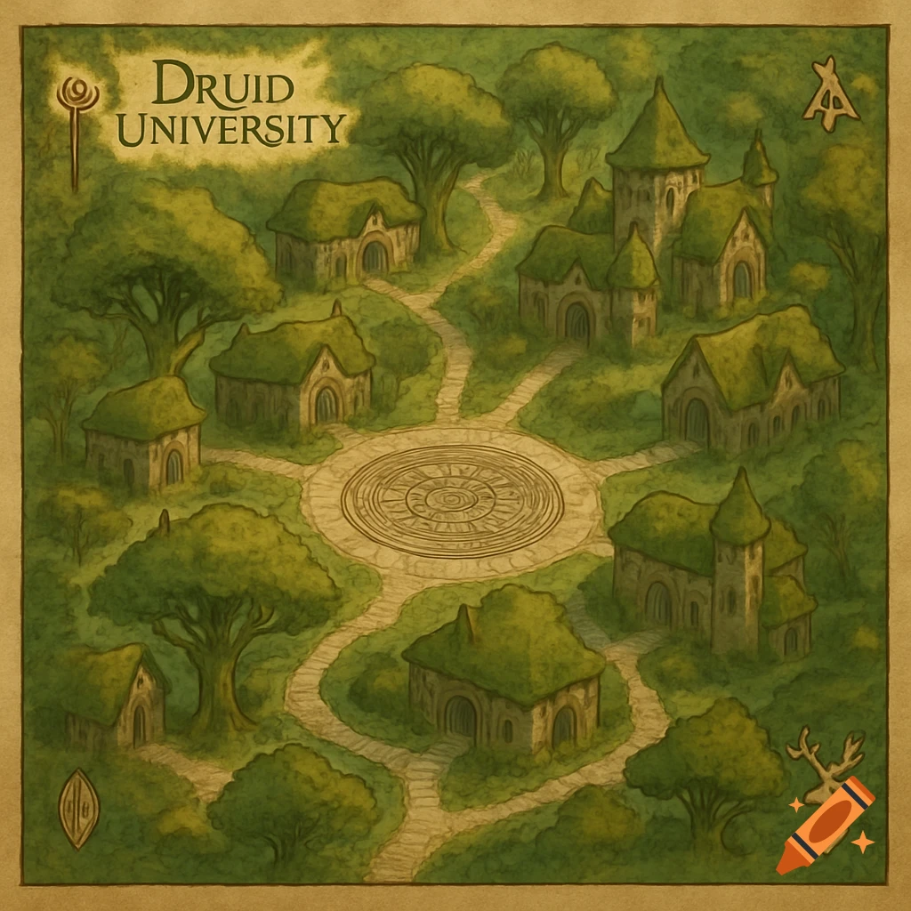 An illustrated map of Druid University, showing a collection of stone buildings with mossy roofs connected by winding paths through a lush forest, with a central circular courtyard.