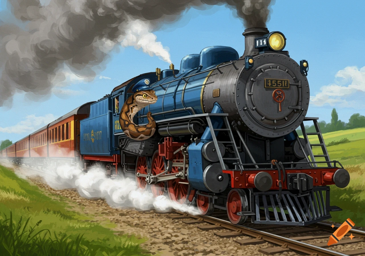 A cartoonish python wearing an engineer's hat drives a blue steam locomotive with red wheels, puffing smoke through a green, sunny landscape.