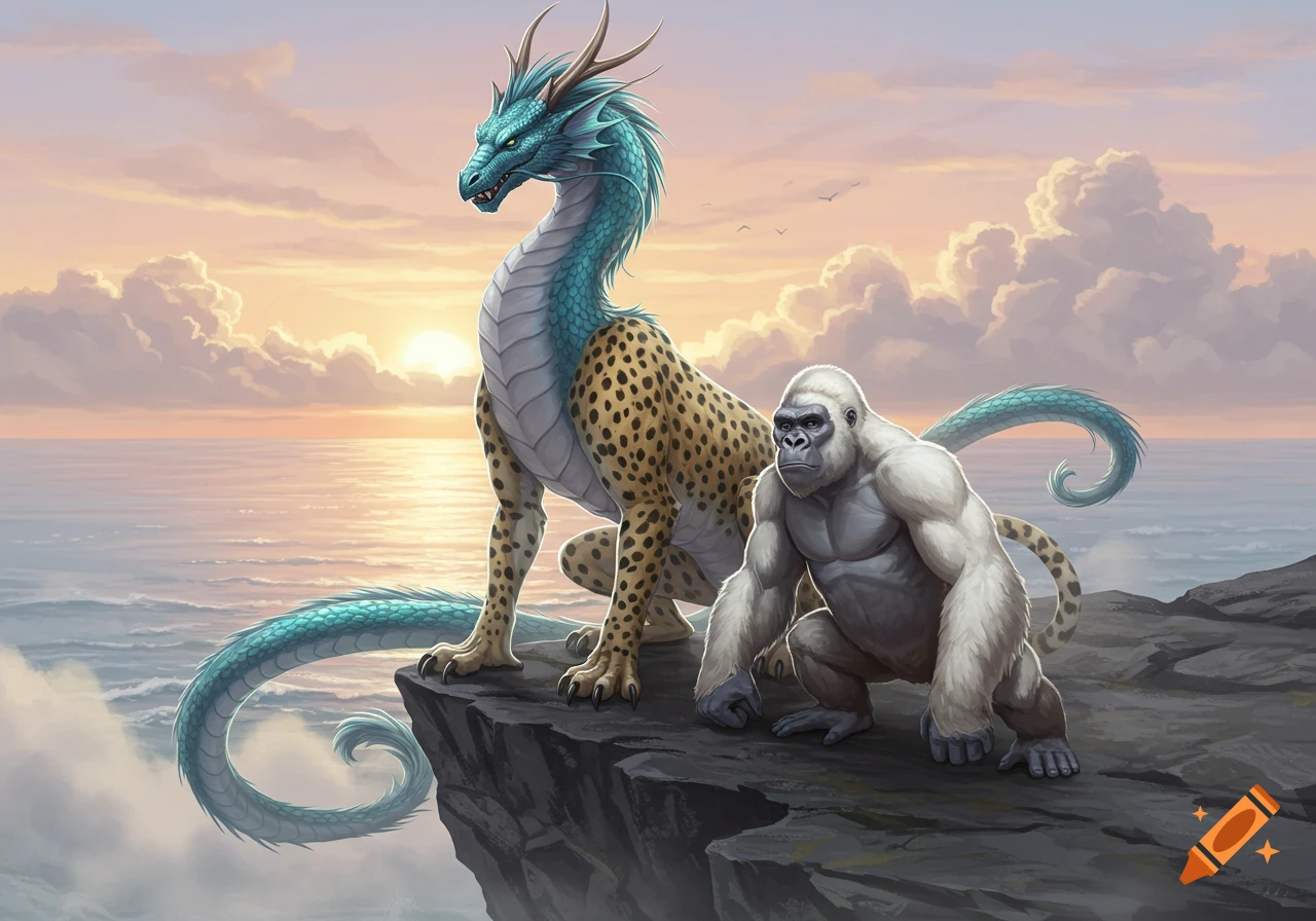 A blue dragon with cheetah spots and an albino gorilla stand on a rocky cliff overlooking a calm ocean at sunset.