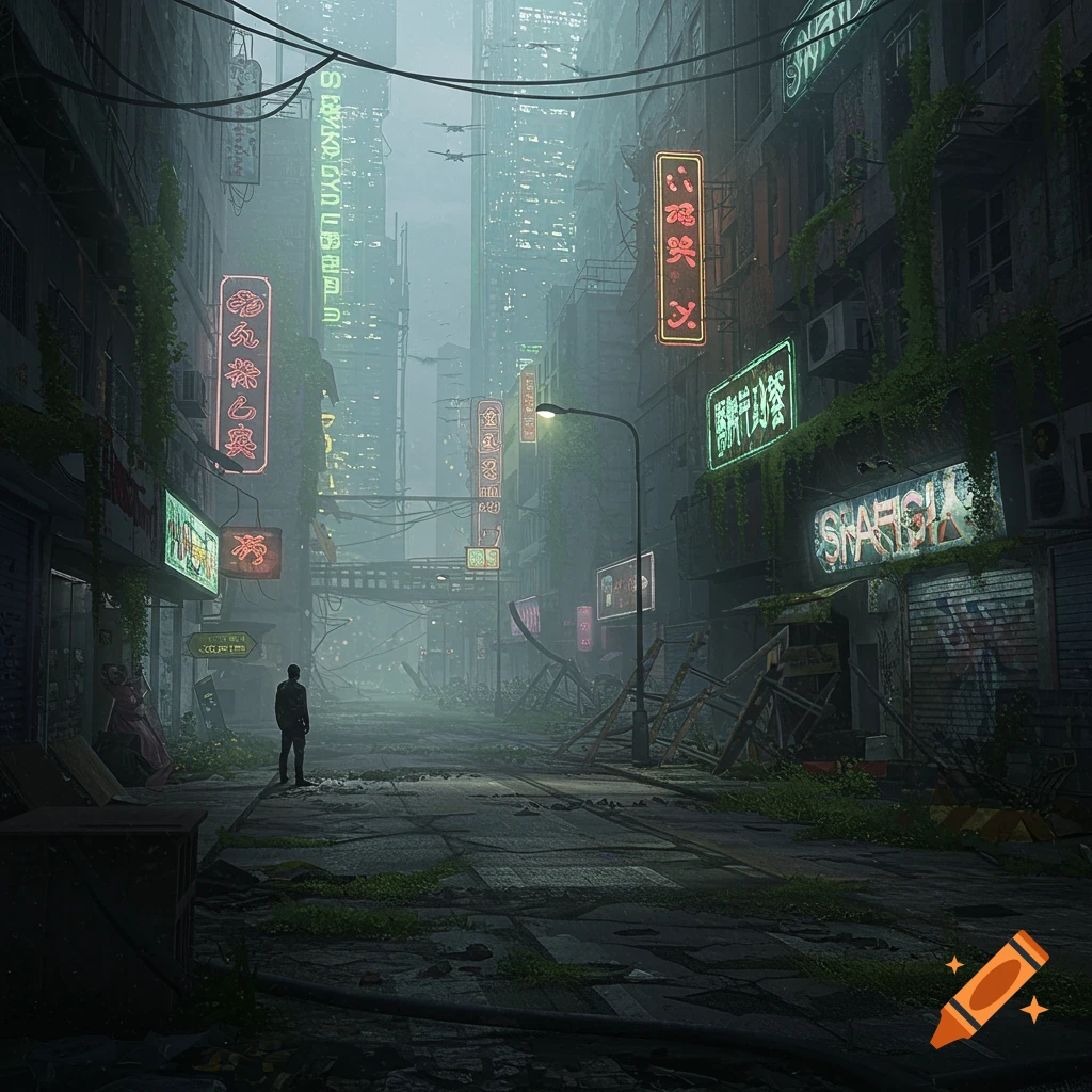 A lone figure walks down a misty, overgrown street in a decaying cyberpunk city with neon signs and towering futuristic buildings.