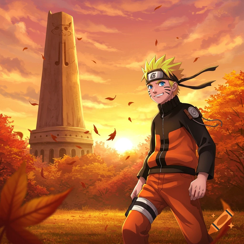 Anime character Naruto standing in an autumn forest at sunset, with a tall, ancient tower in the background, leaves falling.