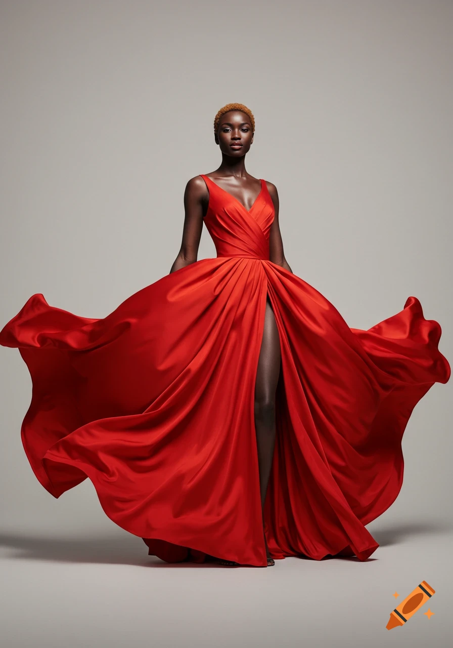 A dark-skinned woman with short blonde hair poses in a flowing red gown with a high slit against a grey backdrop.