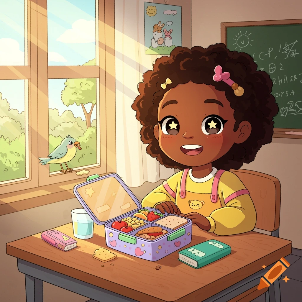 A cartoon black girl with curly hair sits at a desk with an open lunchbox, as a bird looks in from a sunlit window.