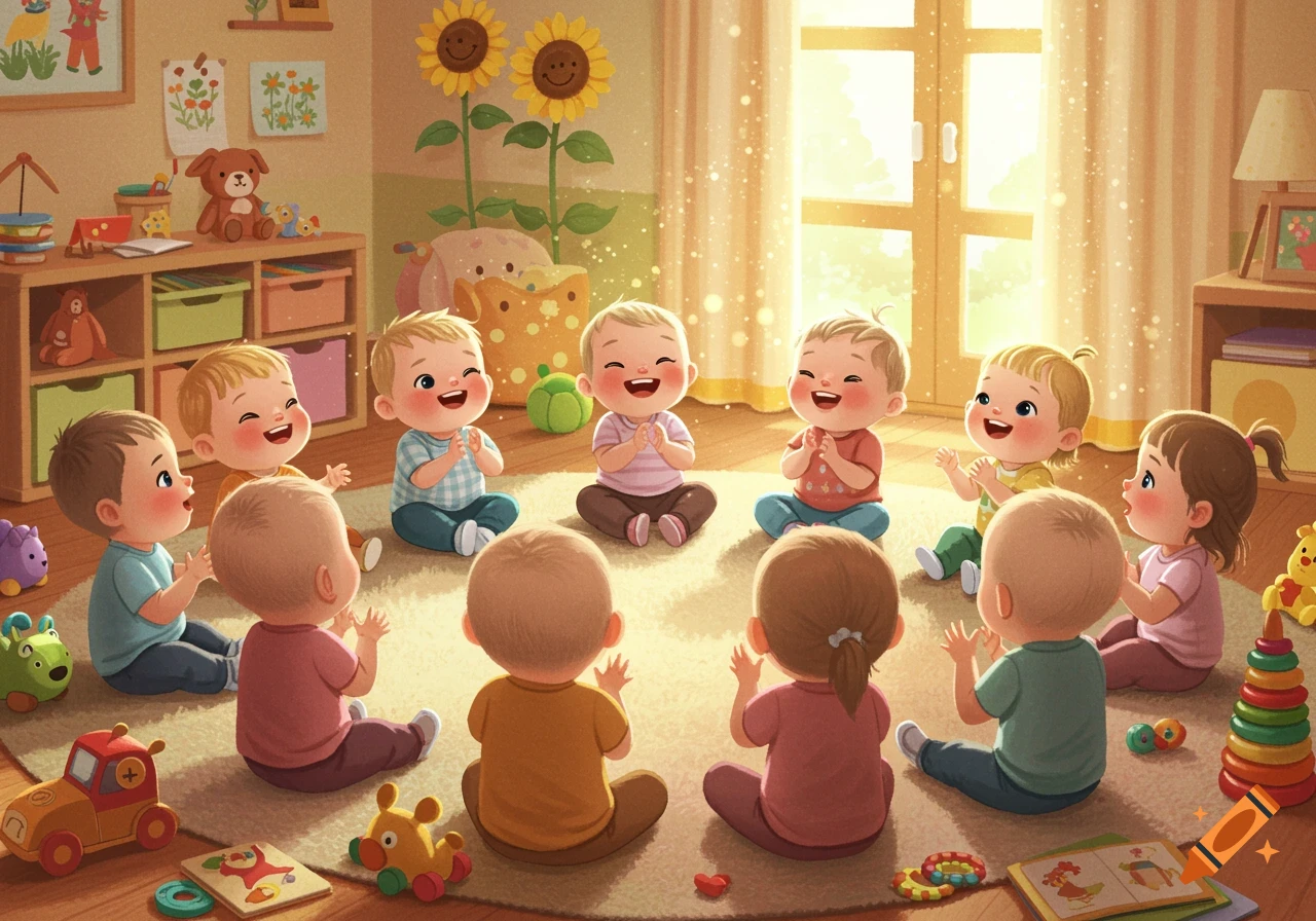 Smiling toddlers in a bright playroom sit in a circle clapping, in a cheerful illustration style.